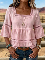 Women's Hollow Spliced Casual 3/4 Sleeve Shirt