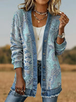 Paisley Print Casual Cotton Patchwork Denim Coat