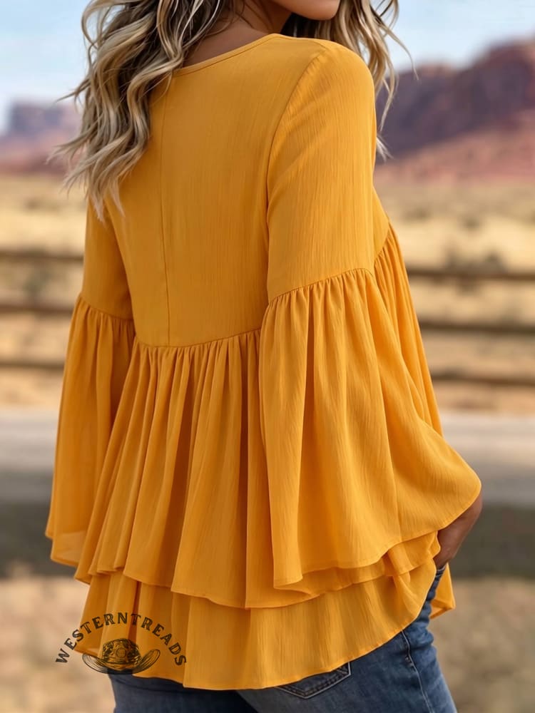 Marigold V-Neck Chiffon Top • Elegant Ruffled Boho Blouse