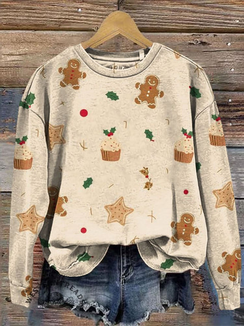 Christmas Art Print Casual Cotton Sweatshirt