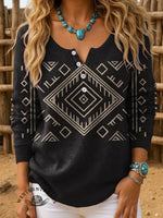 Women's Retro Aztec Art Print Henley Neck Sweater Top