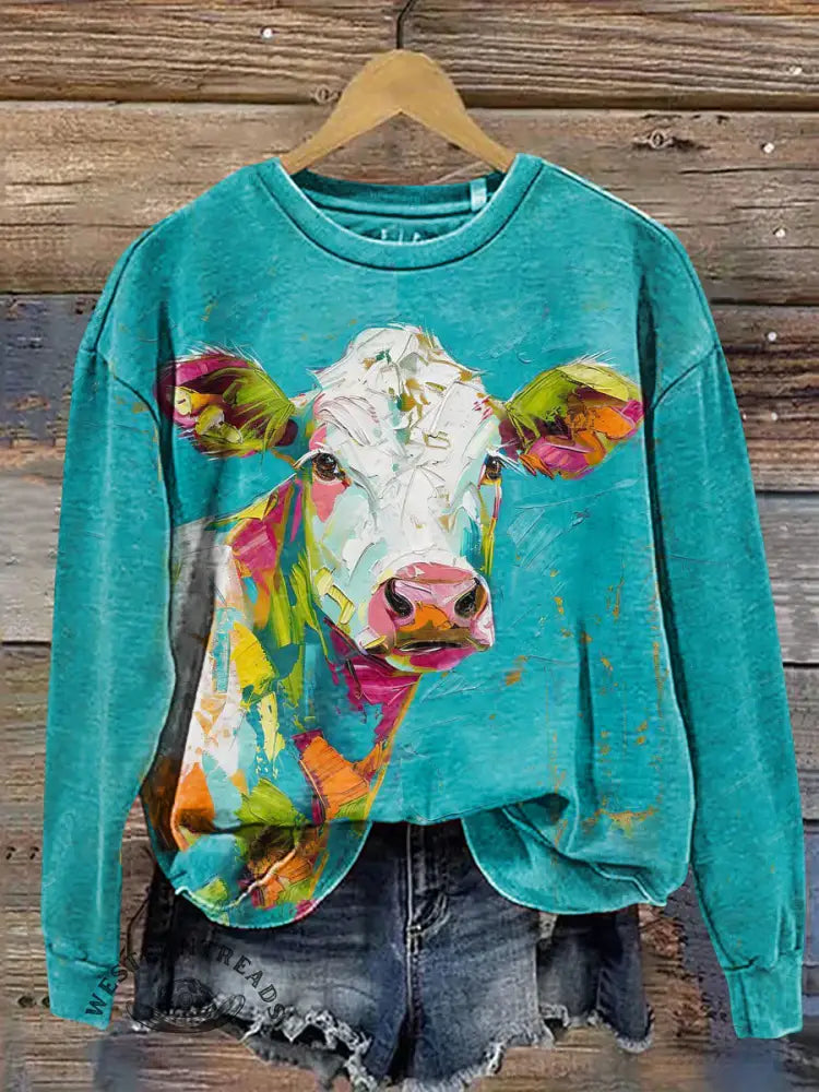 Colorful Cow Art Print Casual Cotton Sweatshirt
