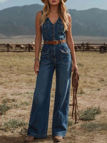 Women's Casual Denim Jumpsuit, Paired With Wide-leg Pants