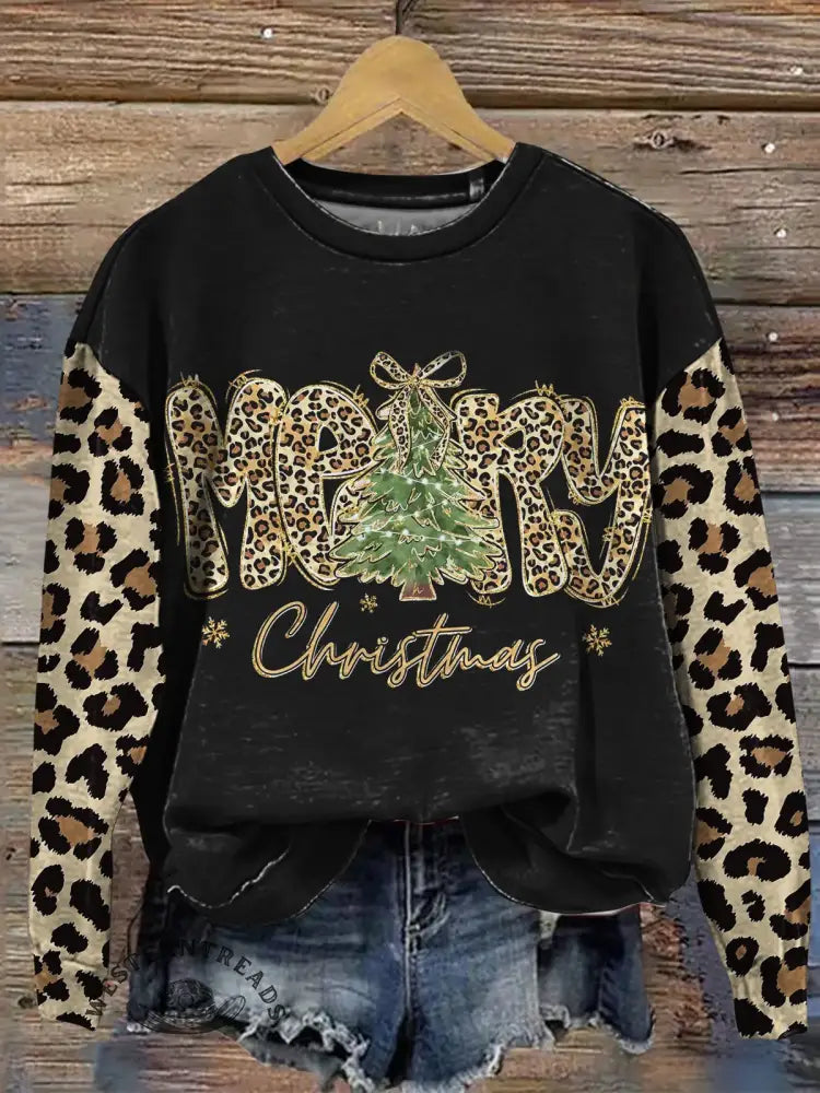 Leopard Christmas Print Casual Sweatshirt