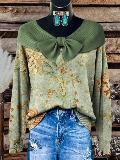 Floral Art Print Buttoned Cardigan Sweater