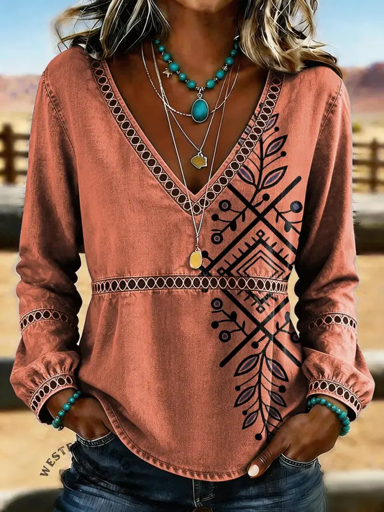 Women's Retro Aztec Floral Art Print Casual Hollow-Out Denim Shirt