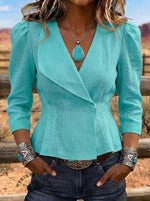 Women's V-neck 3/4 Sleeve Casual Asymmetrical Shirt