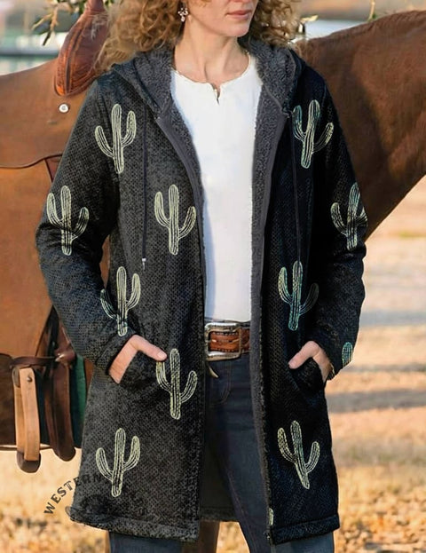 Cactus Print Unisex Plush Thick Long-sleeved Cardigan Coat