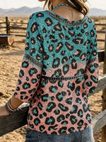 Women's Leopard Vintage Print Casual 3/4 Sleeves Hollow Denim Shirt