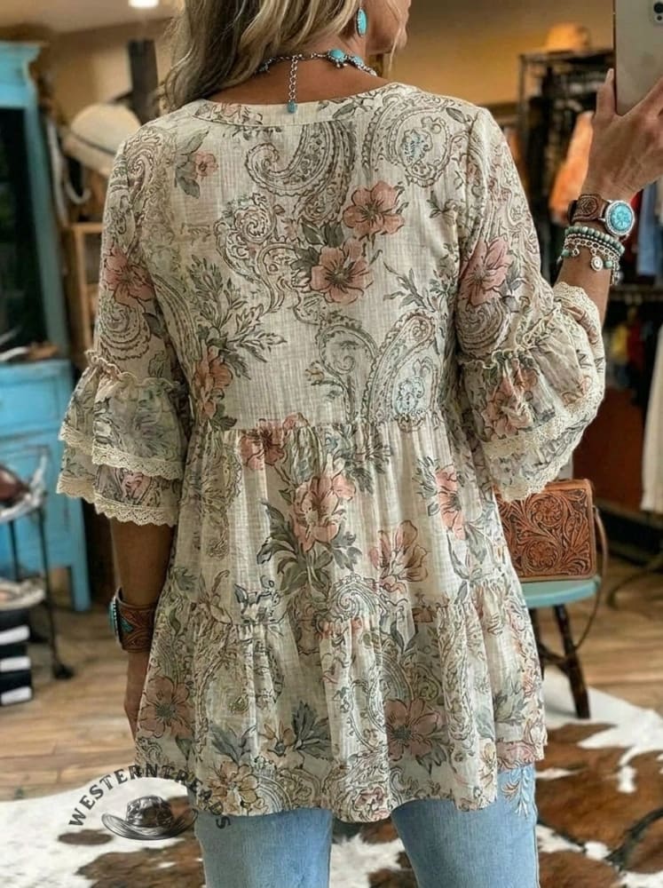 Women's Vintage Floral Print Casual Lace Patchwork Ruffle Shirt