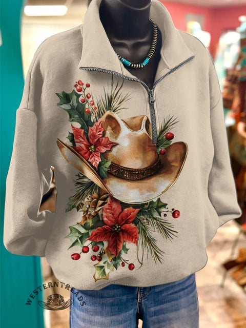 Christmas Cowboy Hat Print Casual Long Sleeve Zip Sweatshirt