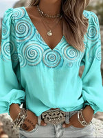 Women's Turquoise Print Casual Cotton And Linen Shirt