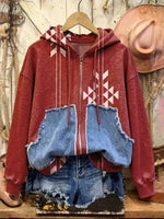 Retro Western Print Casual Cotton Patchwork Hooded Zip-up Sweatshirt