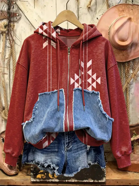 Retro Western Print Casual Cotton Patchwork Hooded Zip-up Sweatshirt