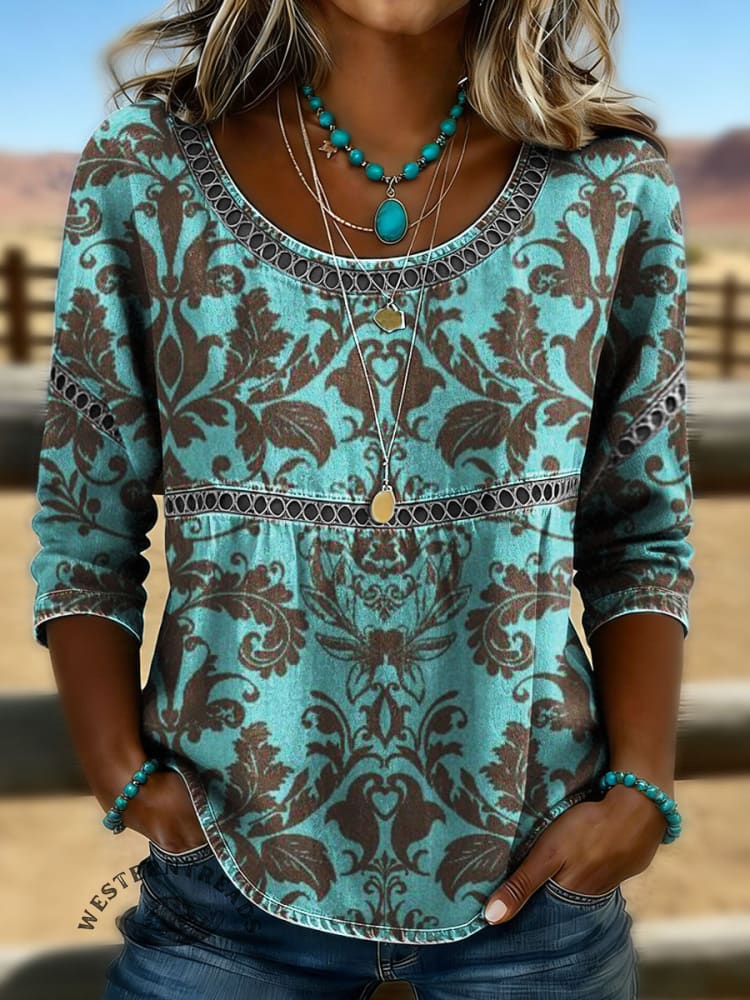 Women's Vintage Floral Print Casual Hollow Denim Shirt