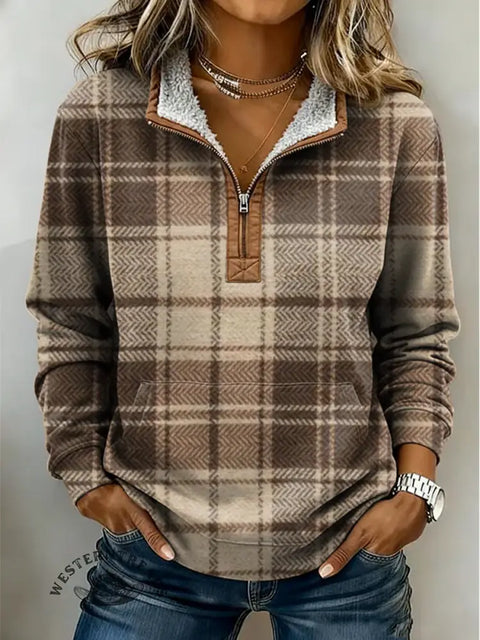 Brown Plaid Print Casual Half-zip Cotton Sweatshirt