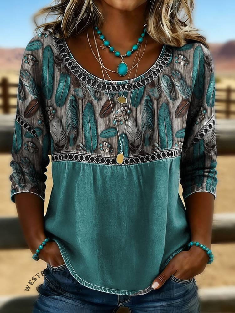 Women's Vintage Print Casual Hollow Denim Shirt