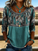 Women's Vintage Print Casual Hollow Denim Shirt