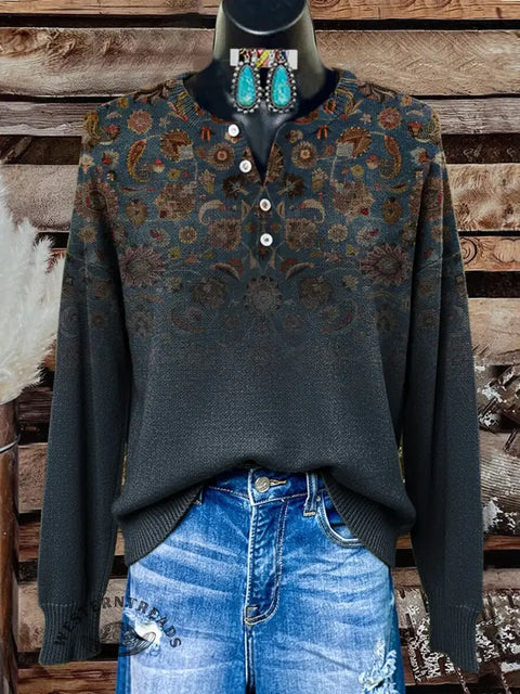 Simple Floral Art Print Buttoned Cardigan Sweater