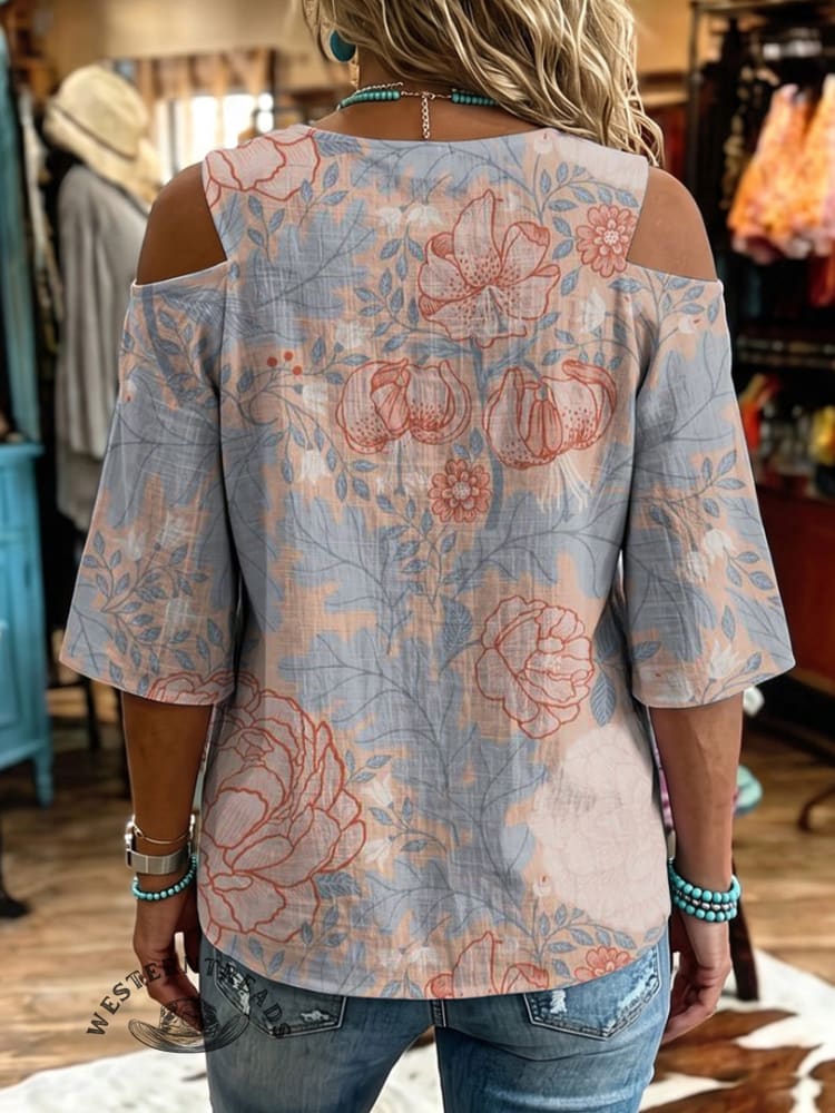 Women's Vintage Flowers Print Off-shoulder Patchwork Casual Shirt