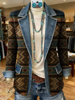 Retro Aztec Print Patchwork Denim Sweater Cardigan Coat