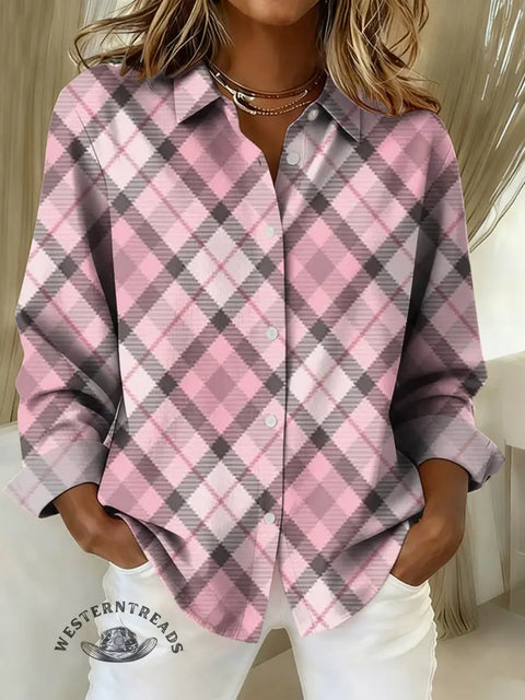 Women's Pink plaid Print Casual Cotton Shirt