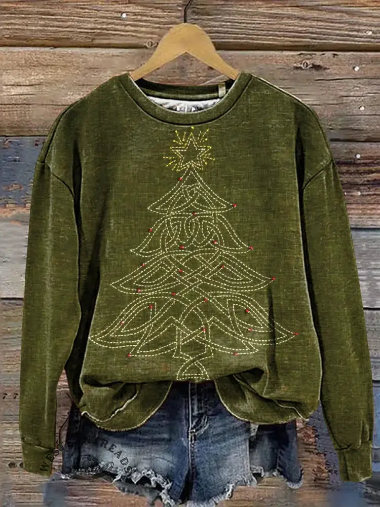 Cowboy Boot Stitching Christmas Tree Print Casual Cotton Sweatshirt