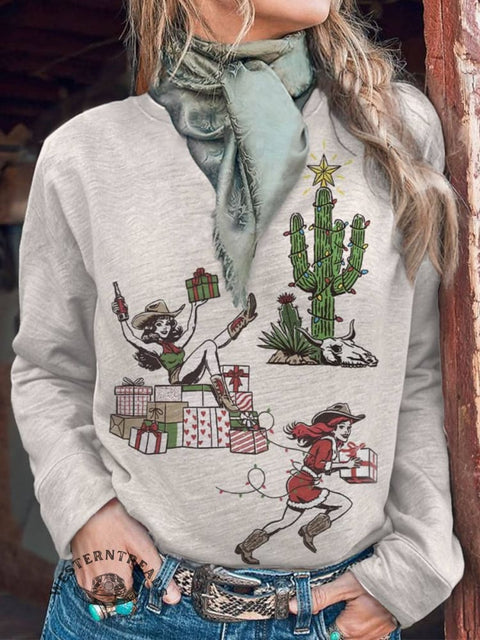 Western Christmas Art Print Casual Cotton Sweatshirt
