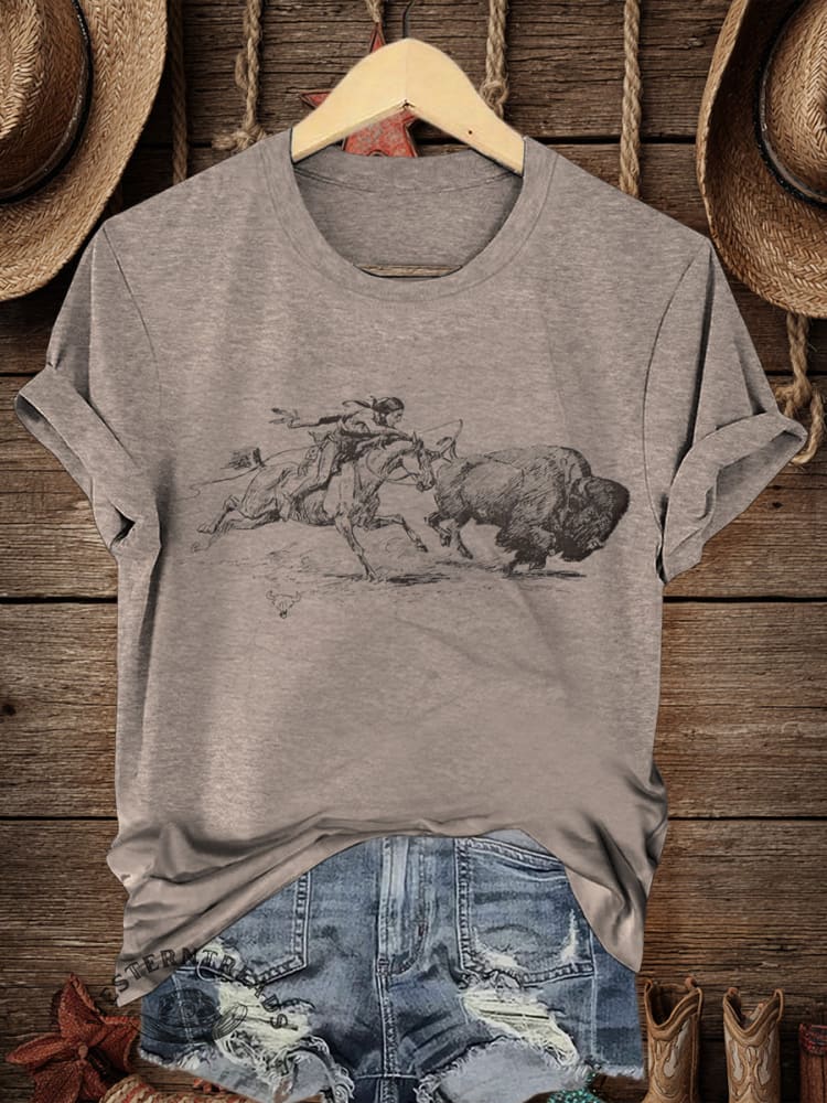 Retro Western Art Print Casual T-shirt