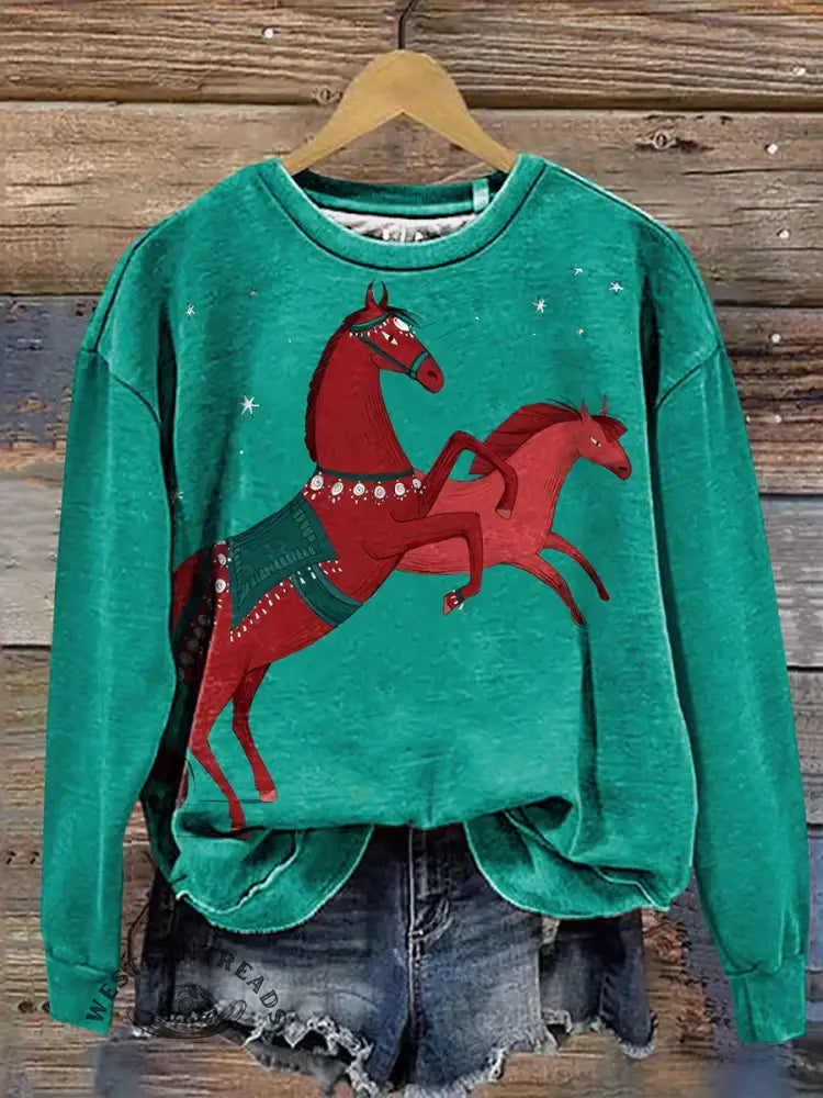 Turquoise Horse Art Print Casual Cotton Sweatshirt