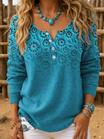 Retro Turquoise Floral Art Print Buttoned Cardigan Sweater