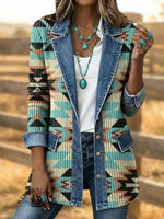Retro Aztec Print Patchwork Denim Sweater Cardigan Coat