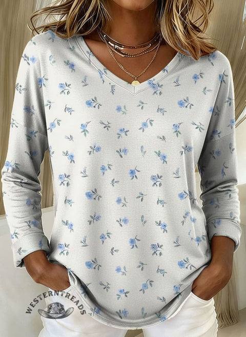 Women's Floral Print Casual V-Neck Long-Sleeve T-Shirt