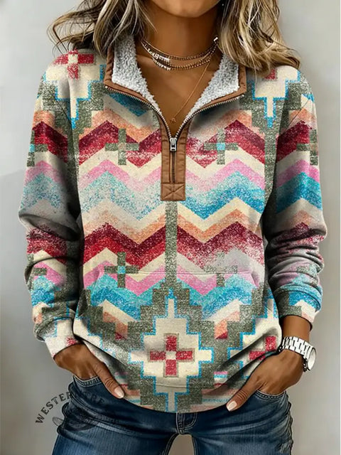 Retro Color Art Casual Half-zip Cotton Sweatshirt