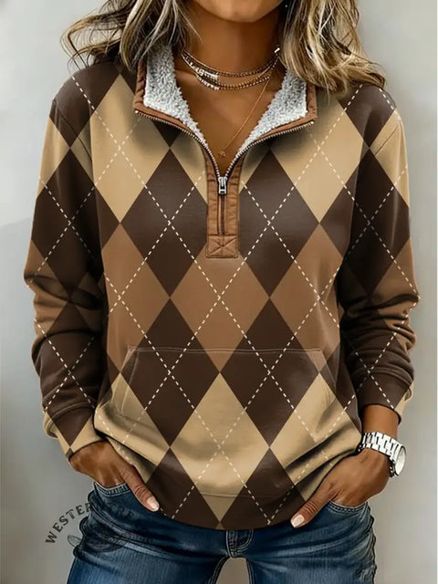 Brown Plaid Print Casual Half-zip Cotton Sweatshirt