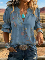 Women's Retro Floral Art Puff Sleeve Casual Shirt