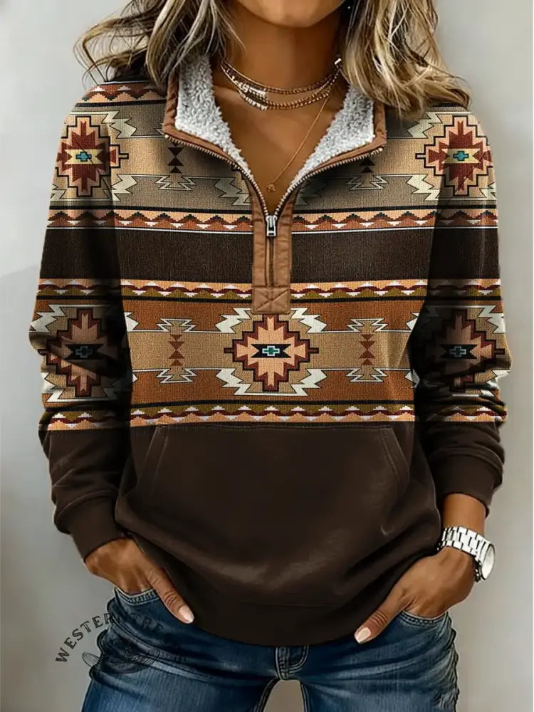 Vintage Aztec Art Print Casual Half Zip Cotton Sweatshirt