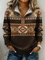 Vintage Aztec Art Print Casual Half Zip Cotton Sweatshirt