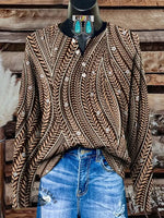 Retro Floral Art Print Buttoned Cardigan Sweater