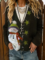 Retro Christmas Art Print Buttoned Cardigan Sweater