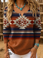 Women's Retro Aztec Art Print Henley Neck Sweater Top