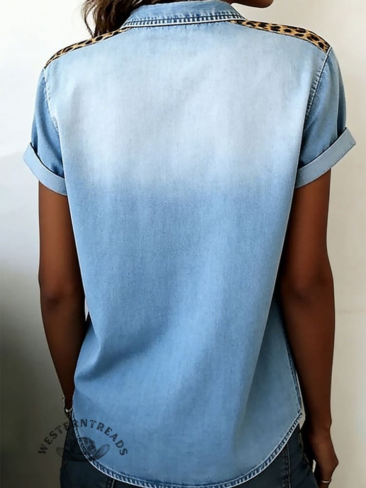 Women's Washed Denim Leopard Print Shirt
