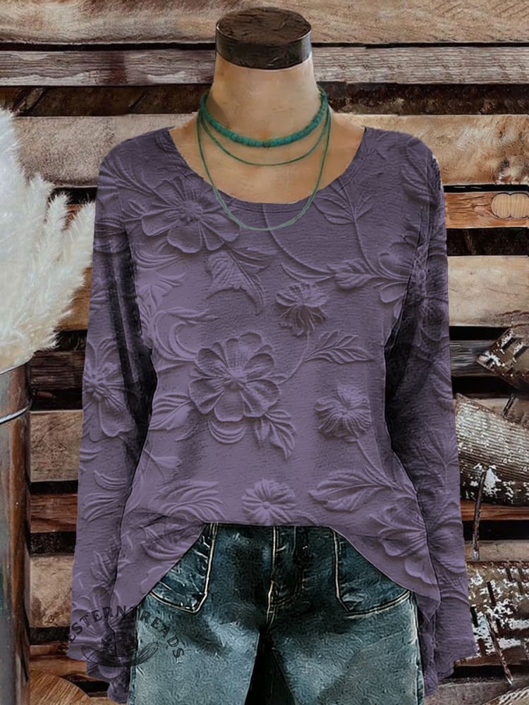 Women's Vintage Floral Art Print Casual Long Sleeve T-shirt