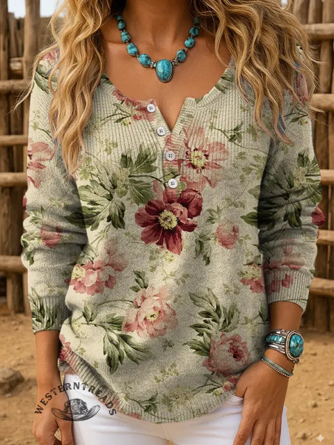 Retro Rose Floral Print Buttoned Cardigan Sweater