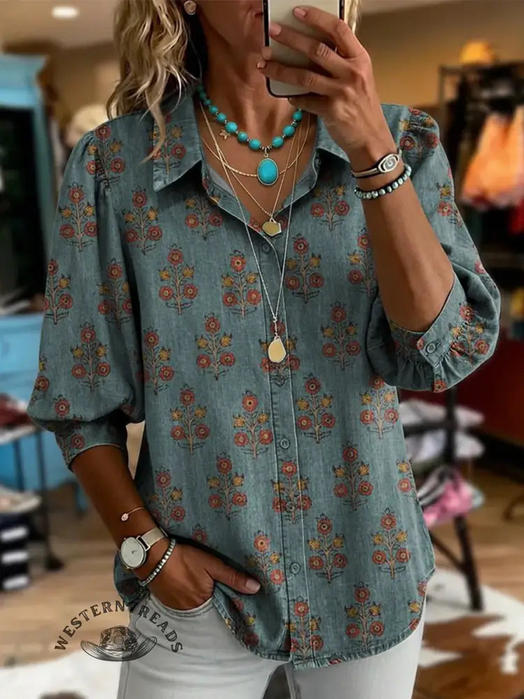 Women's Retro Floral Art Casual Puff Sleeve Denim Shirt