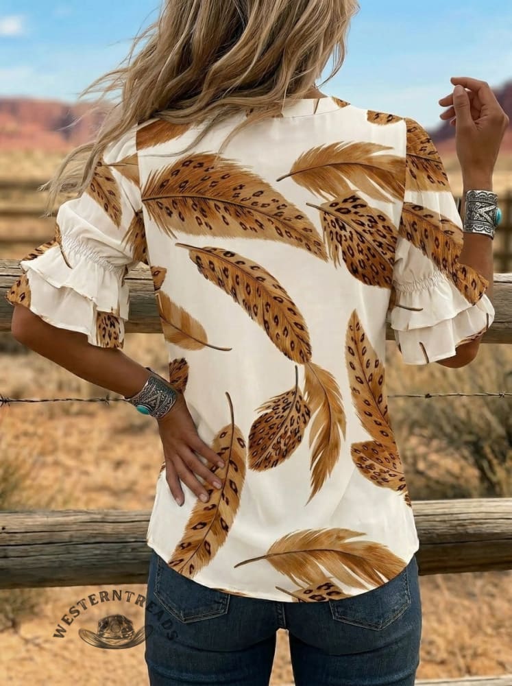 Women's Retro Leopard Feather Puff Sleeve Casual Shirt