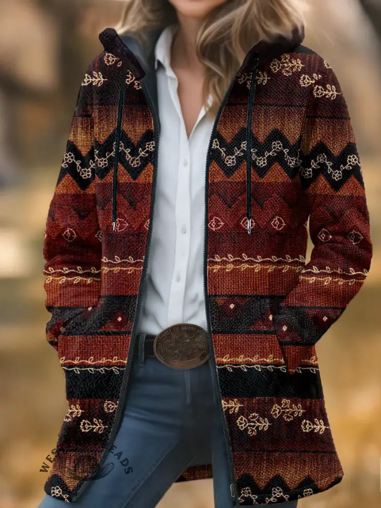 Aztec Print Unisex Plush Thick Long-Sleeved Cardigan Coat