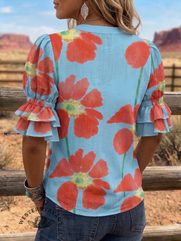 Vintage Art Print Comfortable Summer Fabrics Puff Sleeve Casual Shirt