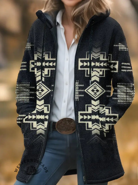 Retro Aztec Gradient Unisex Plush Thick Long-sleeved Cardigan Coat