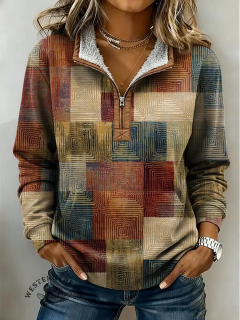 Retro Color Plaid Art Casual Half-zip Cotton Sweatshirt